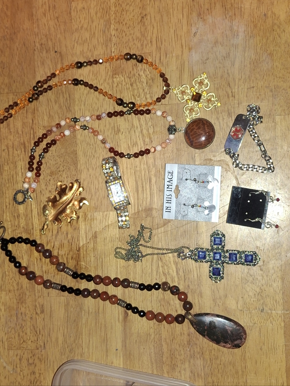 Beaded Stone Pendant Necklace with Brown and Black Tones